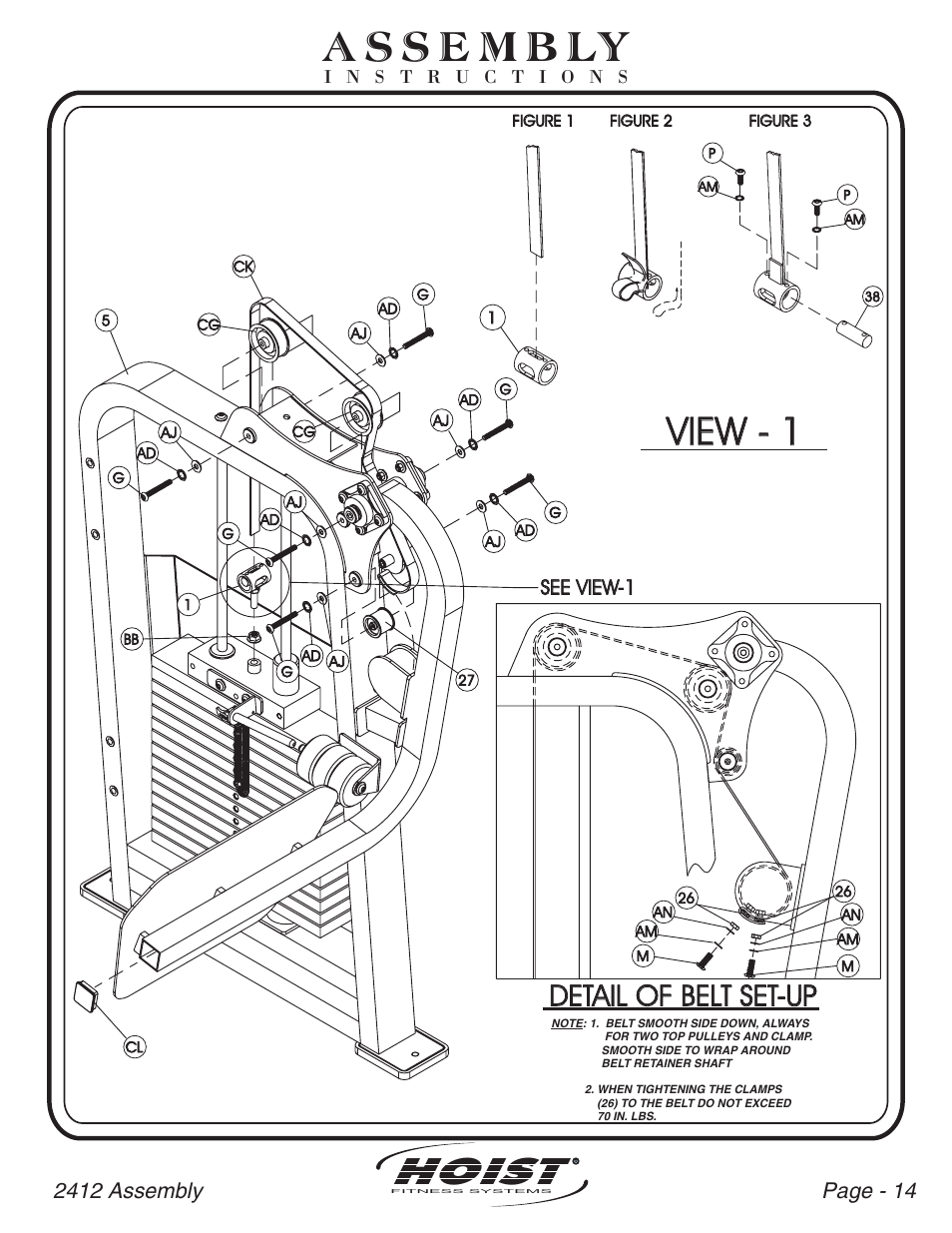 Hoist, View - 1, Detail of belt set-up | See view-1 | Hoist Fitness CL-2412 User Manual | Page 15 / 43