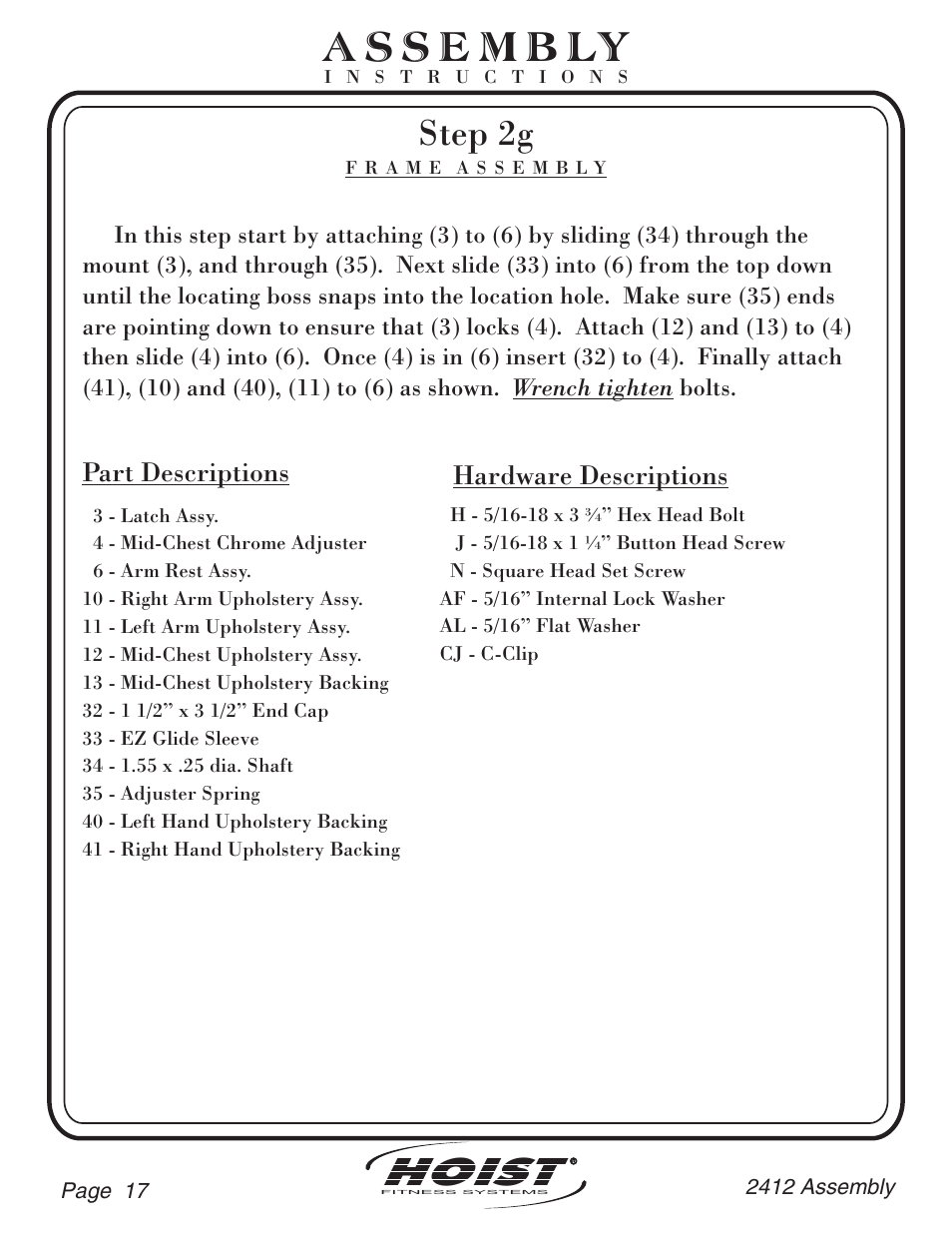 Hoist, Step 2g, Part descriptions | Hardware descriptions | Hoist Fitness CL-2412 User Manual | Page 18 / 43