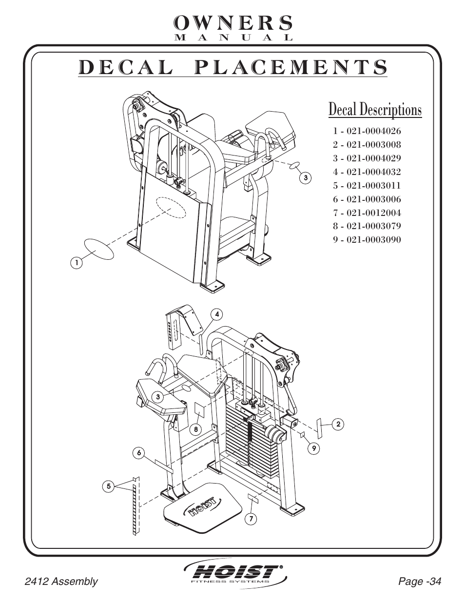 Hoist, Decal descriptions | Hoist Fitness CL-2412 User Manual | Page 35 / 43