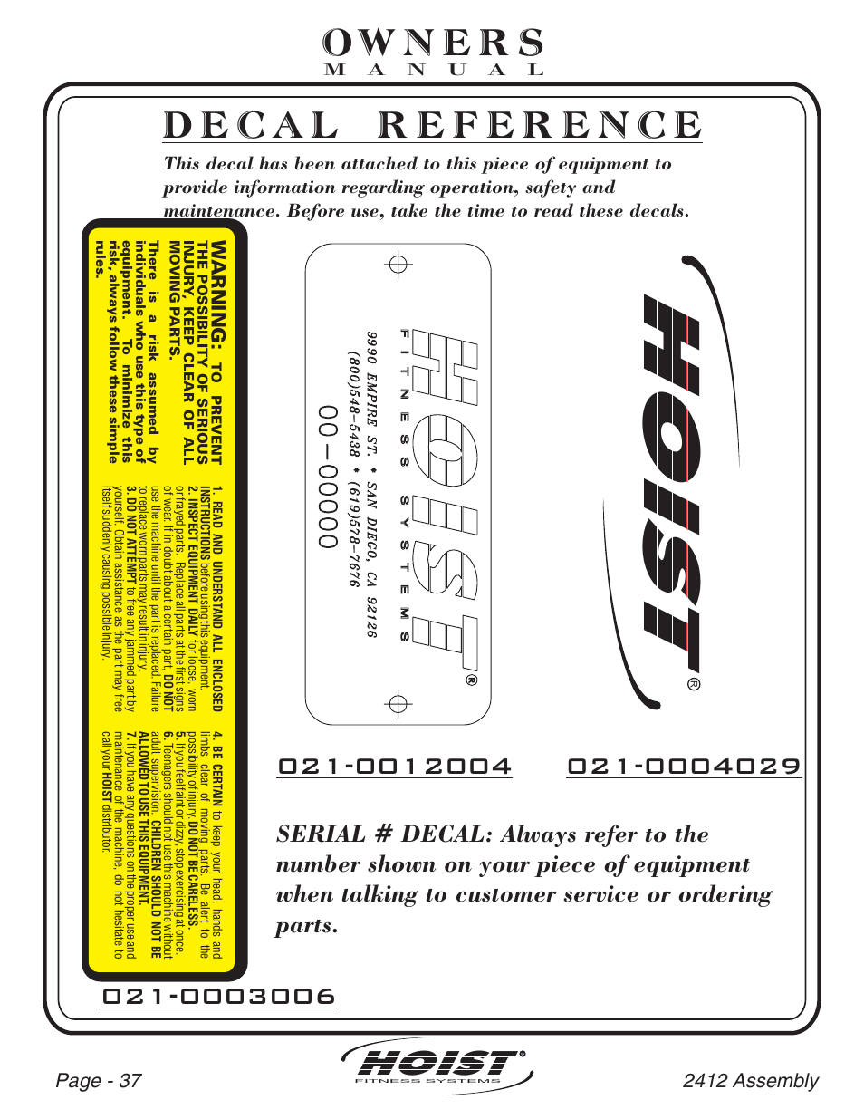 Hoist, Warning | Hoist Fitness CL-2412 User Manual | Page 38 / 43