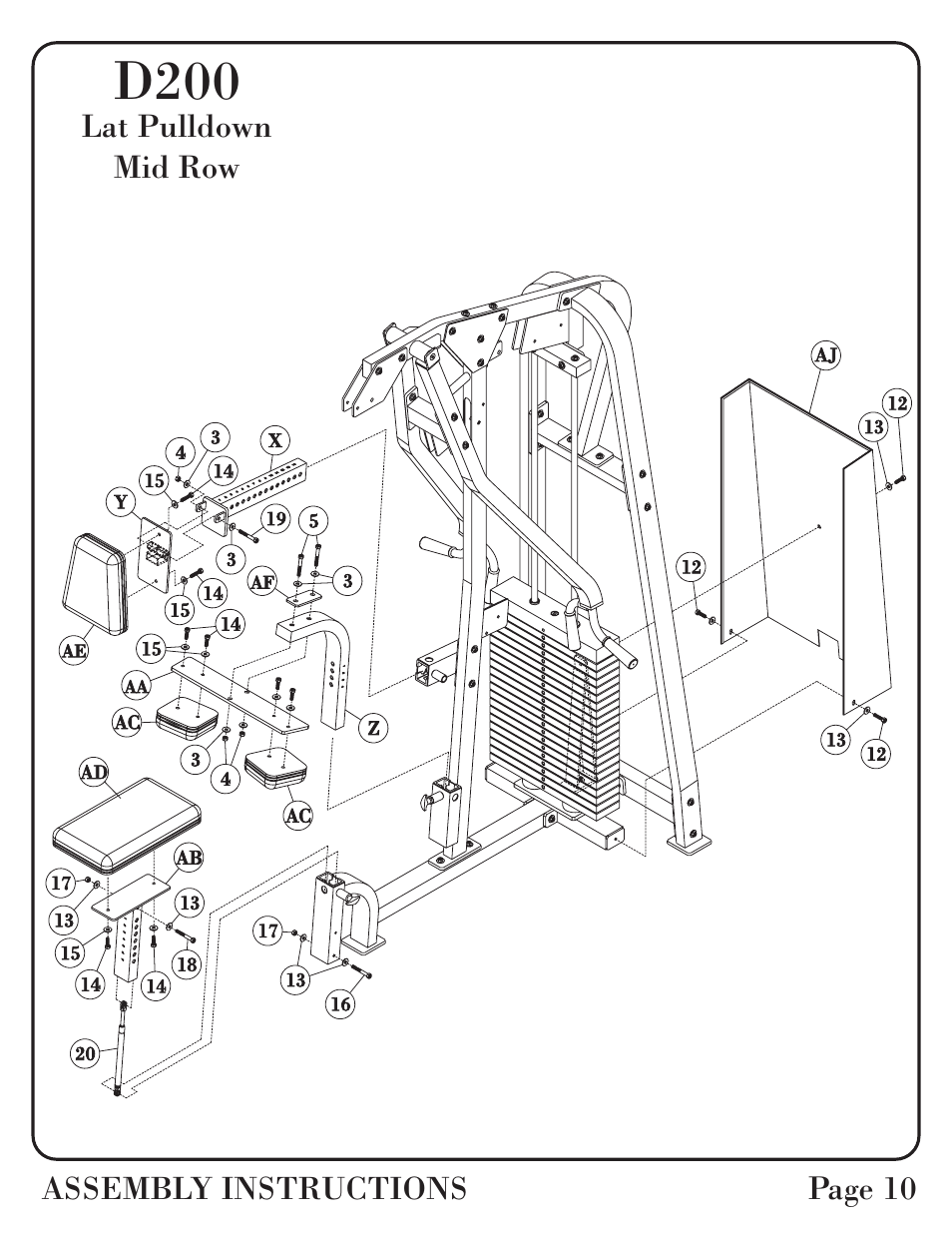 D200, Lat pulldown mid row assembly instructions page 10 | Hoist Fitness D-200 User Manual | Page 11 / 31