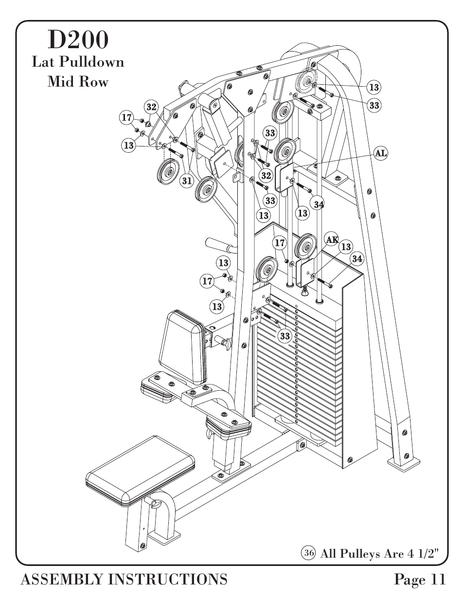 D200, Lat pulldown mid row, Assembly instructions page 11 | All pulleys are 4 1/2 | Hoist Fitness D-200 User Manual | Page 12 / 31