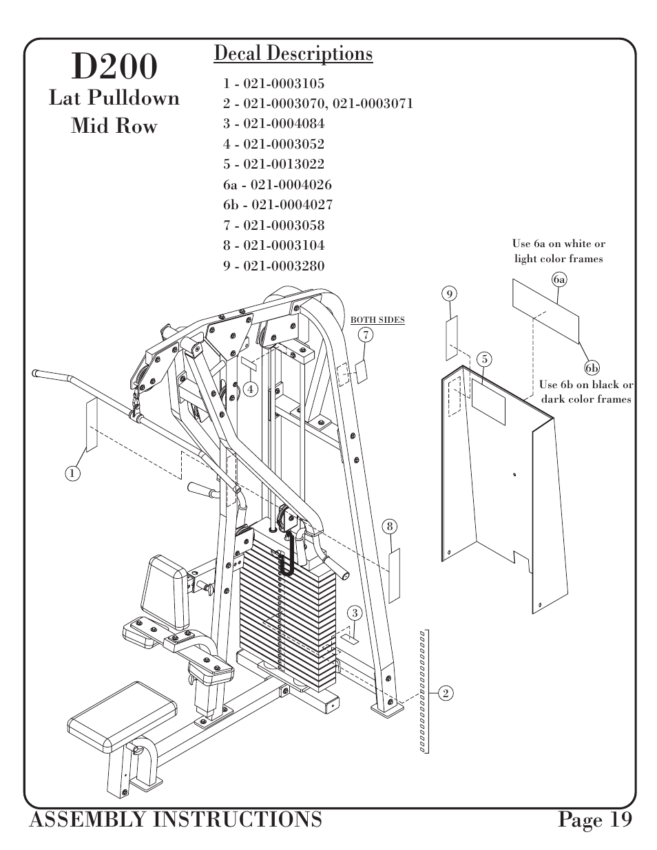 D200, Assembly instructions page 19, Decal descriptions | Lat pulldown mid row | Hoist Fitness D-200 User Manual | Page 20 / 31