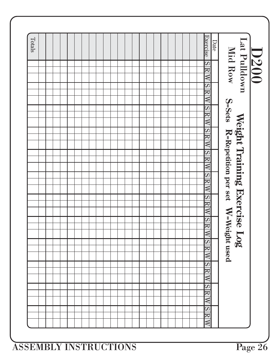 D200, Assembly instructions page 26, Lat pulldown mid r ow | We ight training exer c ise log, Sr w | Hoist Fitness D-200 User Manual | Page 27 / 31