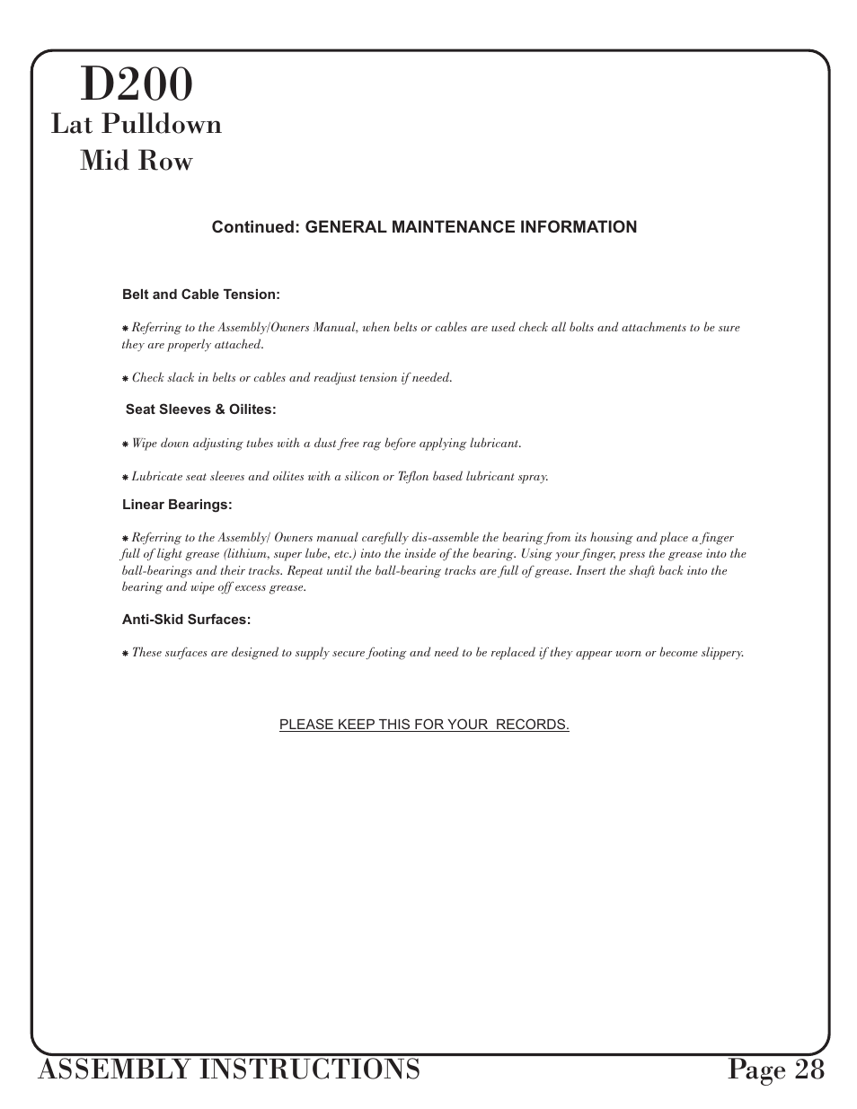 D200, Assembly instructions page 28, Lat pulldown mid row | Hoist Fitness D-200 User Manual | Page 29 / 31