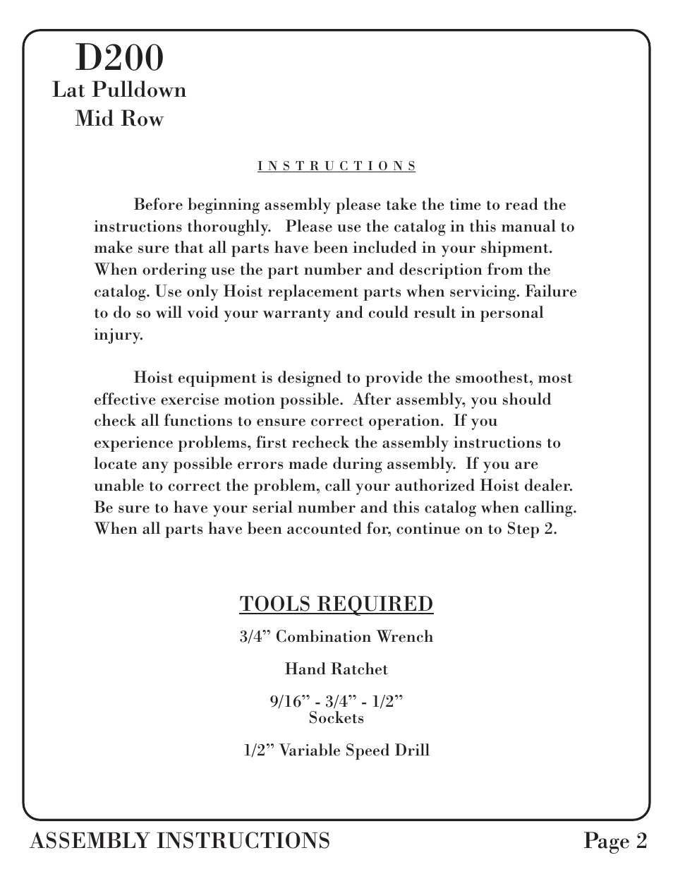 D200, Assembly instructions page 2, Lat pulldown mid row | Tools required | Hoist Fitness D-200 User Manual | Page 3 / 31