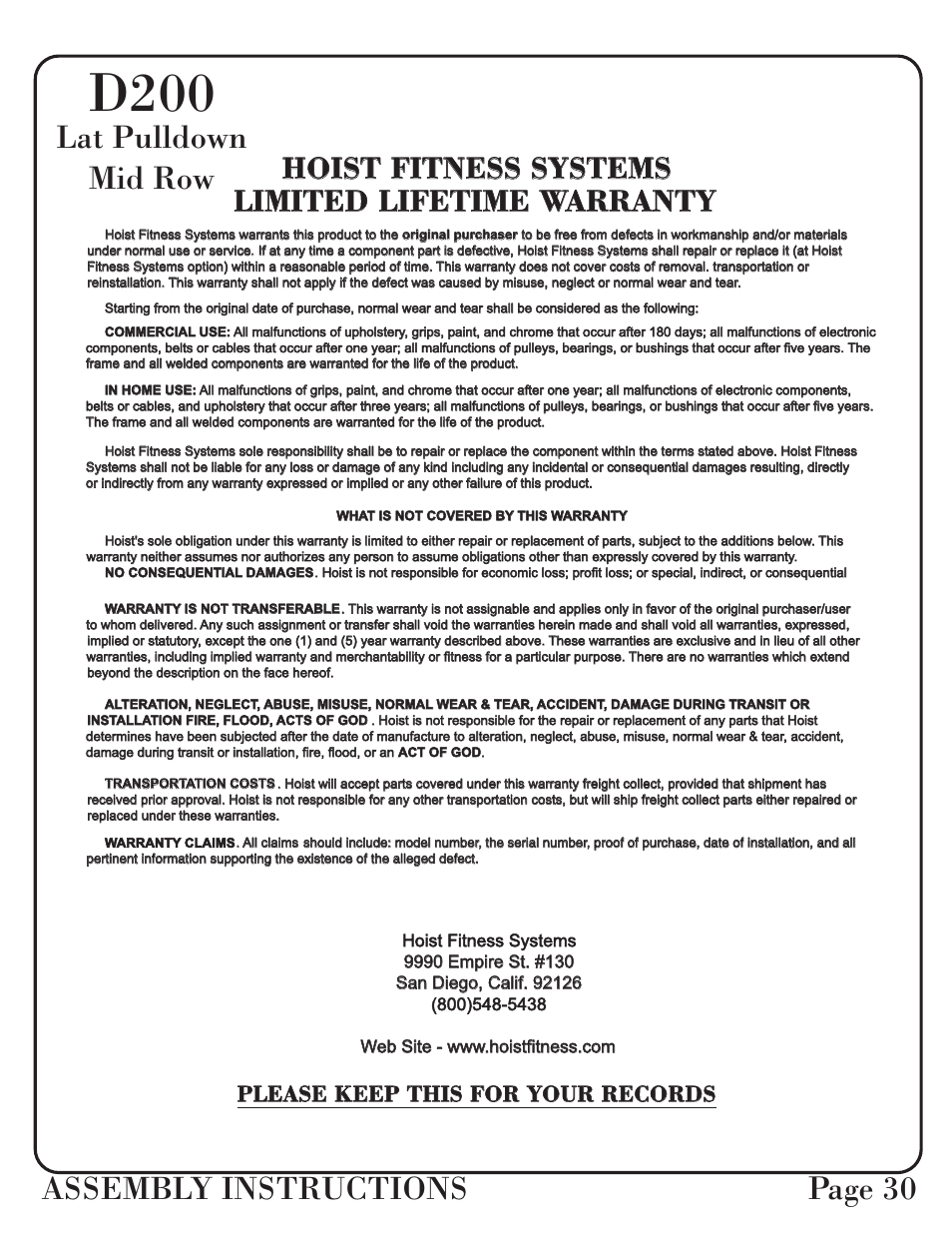 D200, Assembly instructions page 30, Lat pulldown mid row | Limited lifetime warranty, Please keep this for your records | Hoist Fitness D-200 User Manual | Page 31 / 31