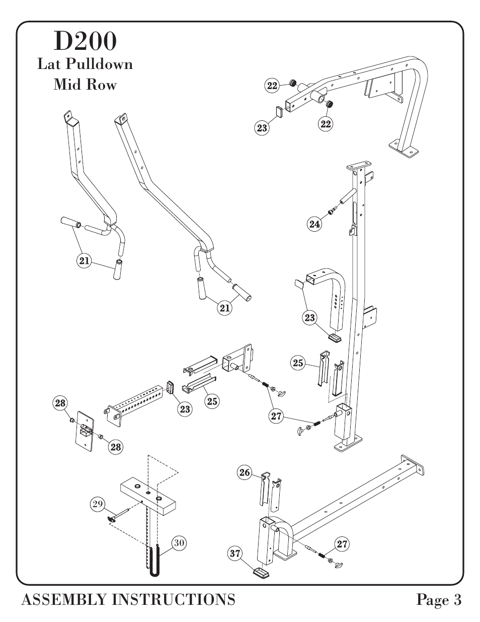 D200, Lat pulldown mid row assembly instructions page 3 | Hoist Fitness D-200 User Manual | Page 4 / 31