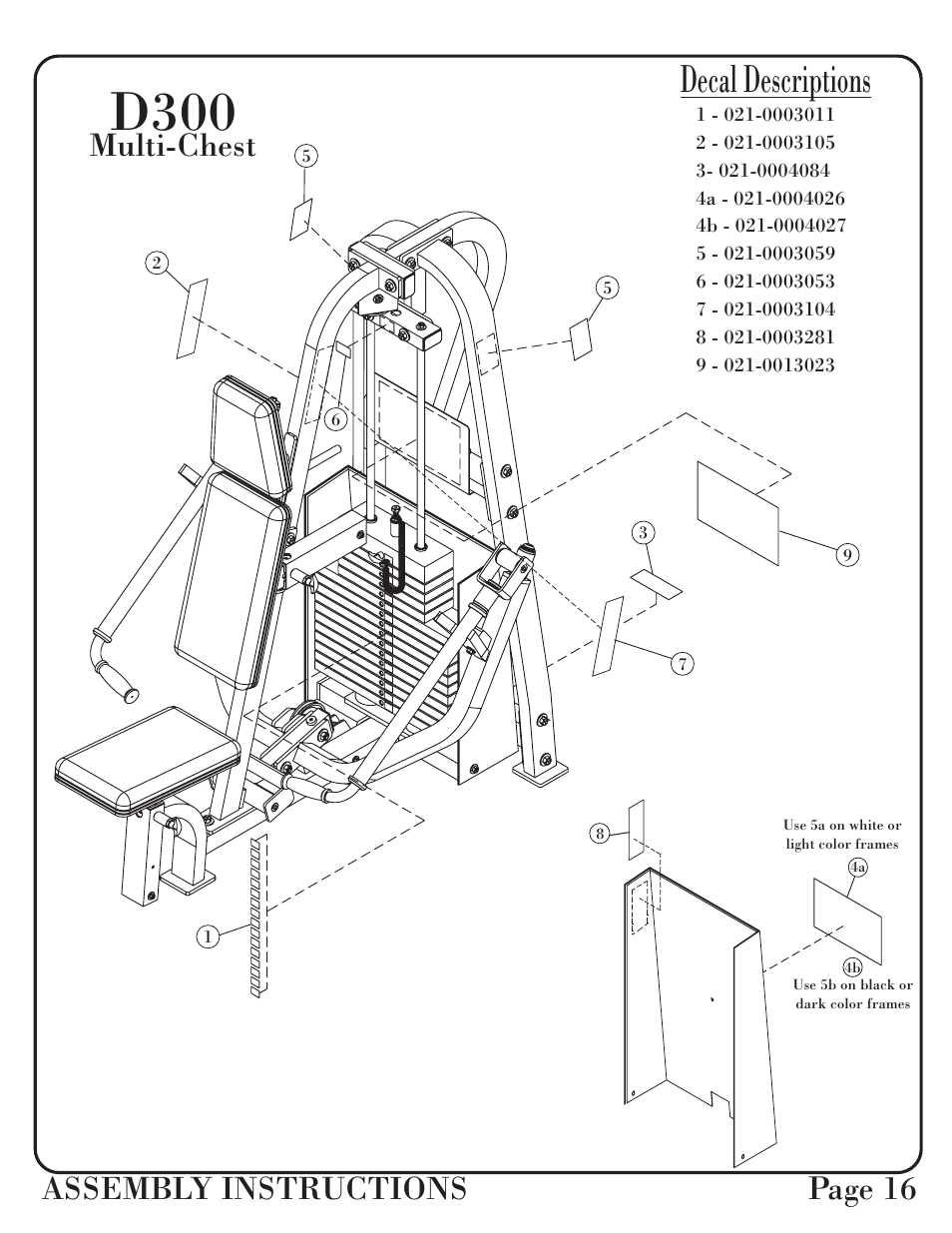 D300, Decal descriptions, Assembly instructions page 16 | Multi-chest | Hoist Fitness D-300 User Manual | Page 17 / 28