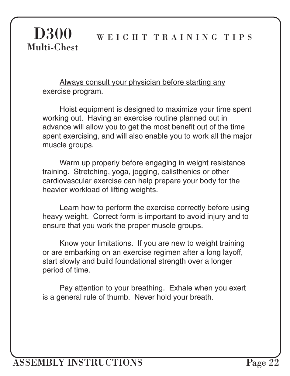 D300, Assembly instructions page 22, Multi-chest | Hoist Fitness D-300 User Manual | Page 23 / 28