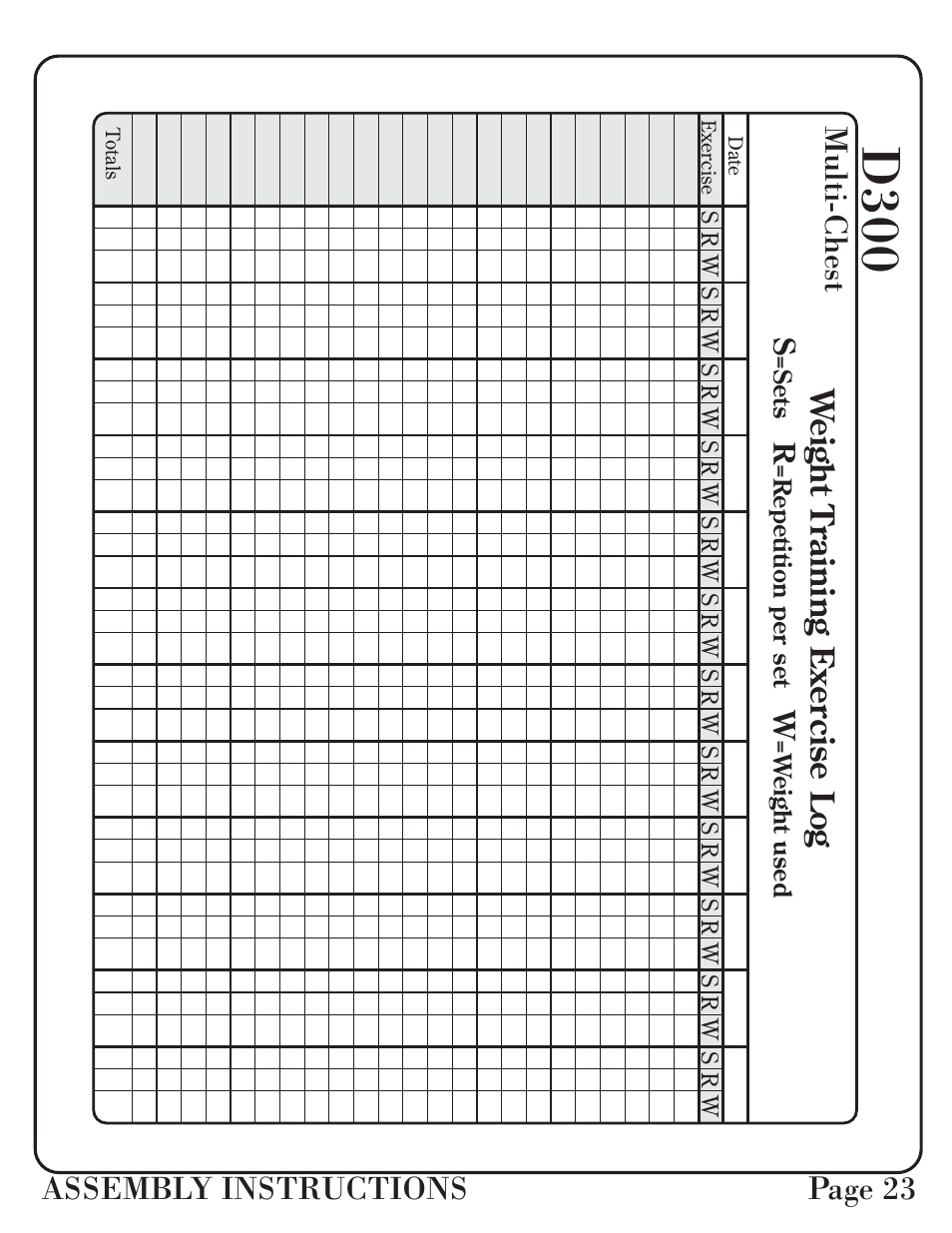 D300, Assembly instructions page 23, Multi- chest | We ight training exer c ise log, Sr w | Hoist Fitness D-300 User Manual | Page 24 / 28