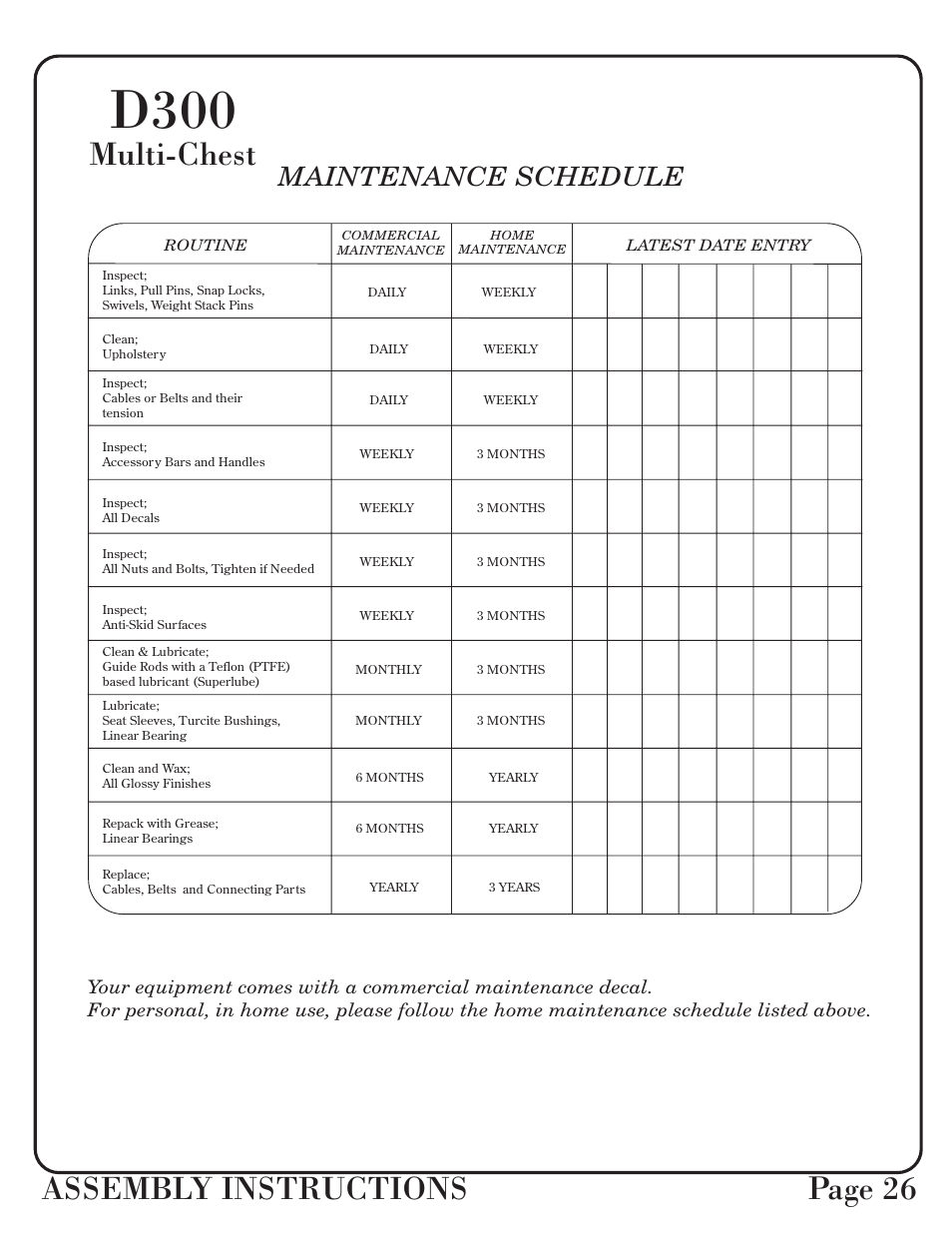 D300, Assembly instructions page 26, Multi-chest | Maintenance schedule | Hoist Fitness D-300 User Manual | Page 27 / 28