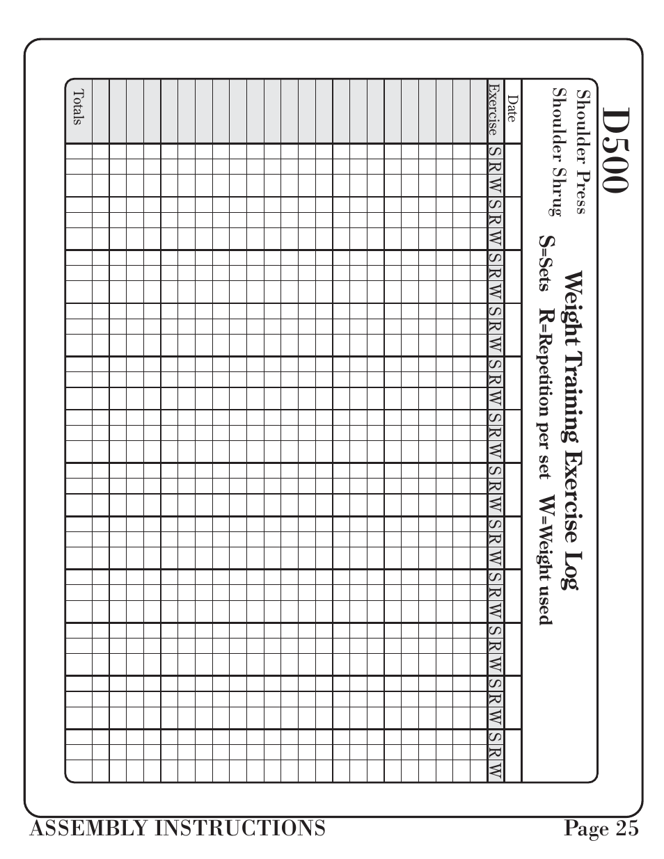 D500, Assembly instructions page 25, We ight training exer c ise log | Sr w | Hoist Fitness D-500 User Manual | Page 26 / 30