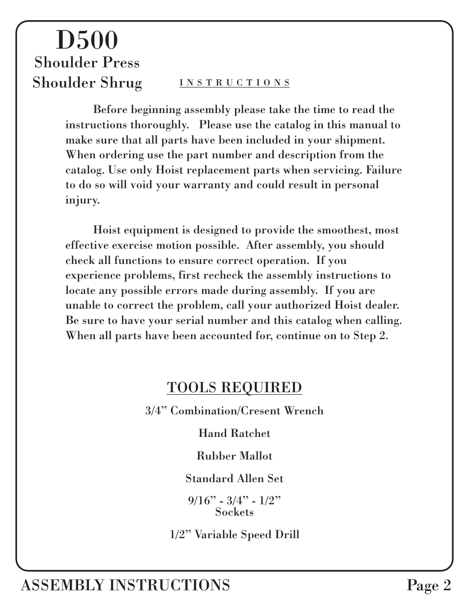 D500, Assembly instructions page 2, Shoulder press shoulder shrug | Tools required | Hoist Fitness D-500 User Manual | Page 3 / 30