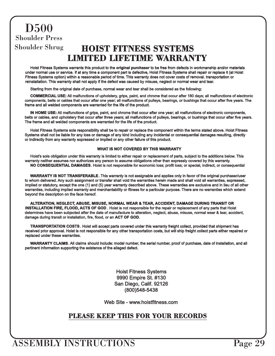 D500, Assembly instructions page 29, Limited lifetime warranty | Shoulder press shoulder shrug, Please keep this for your records | Hoist Fitness D-500 User Manual | Page 30 / 30