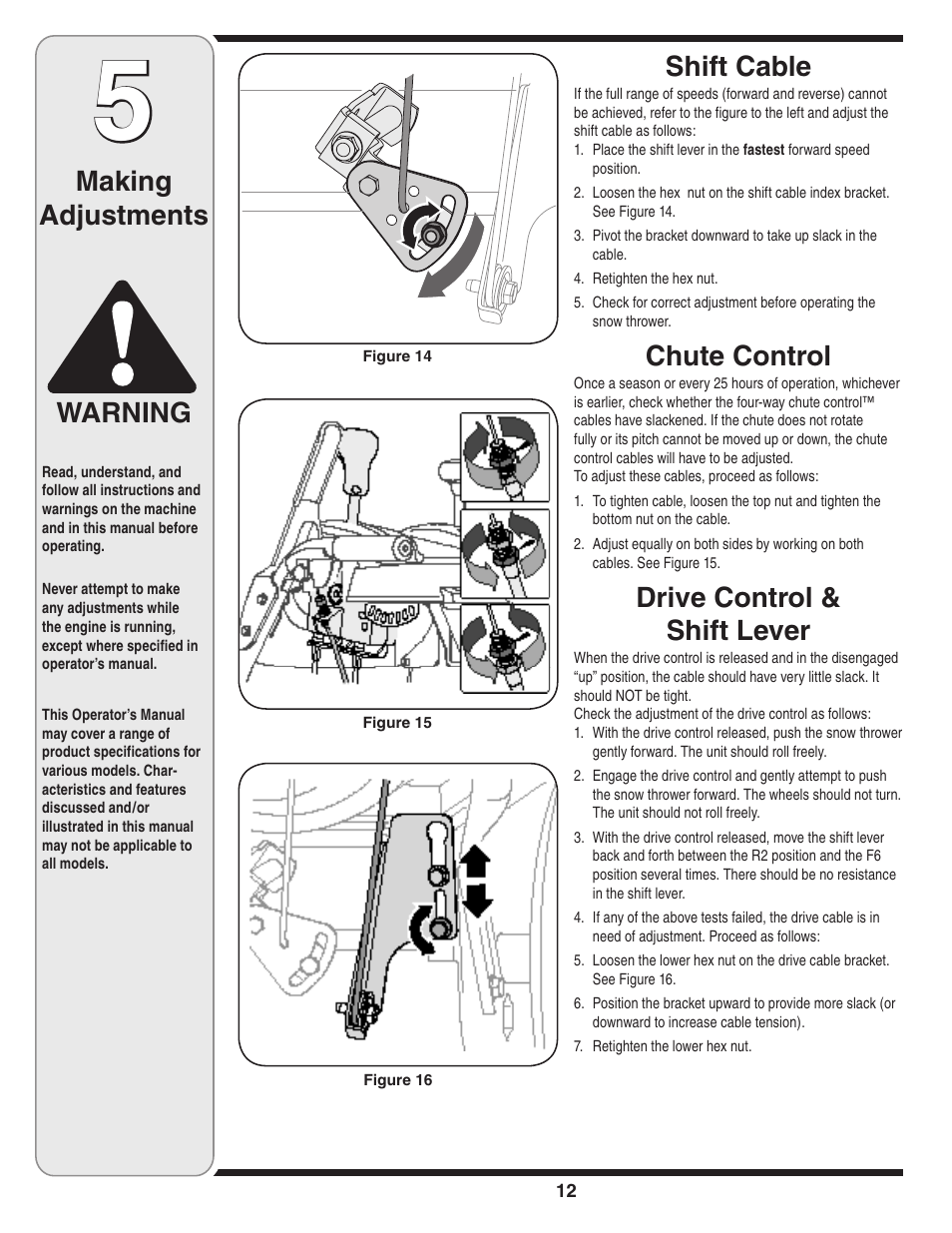 Shift cable, Chute control, Drive control & shift lever | Making adjustments, Warning | Cub Cadet WE 26 User Manual | Page 12 / 28