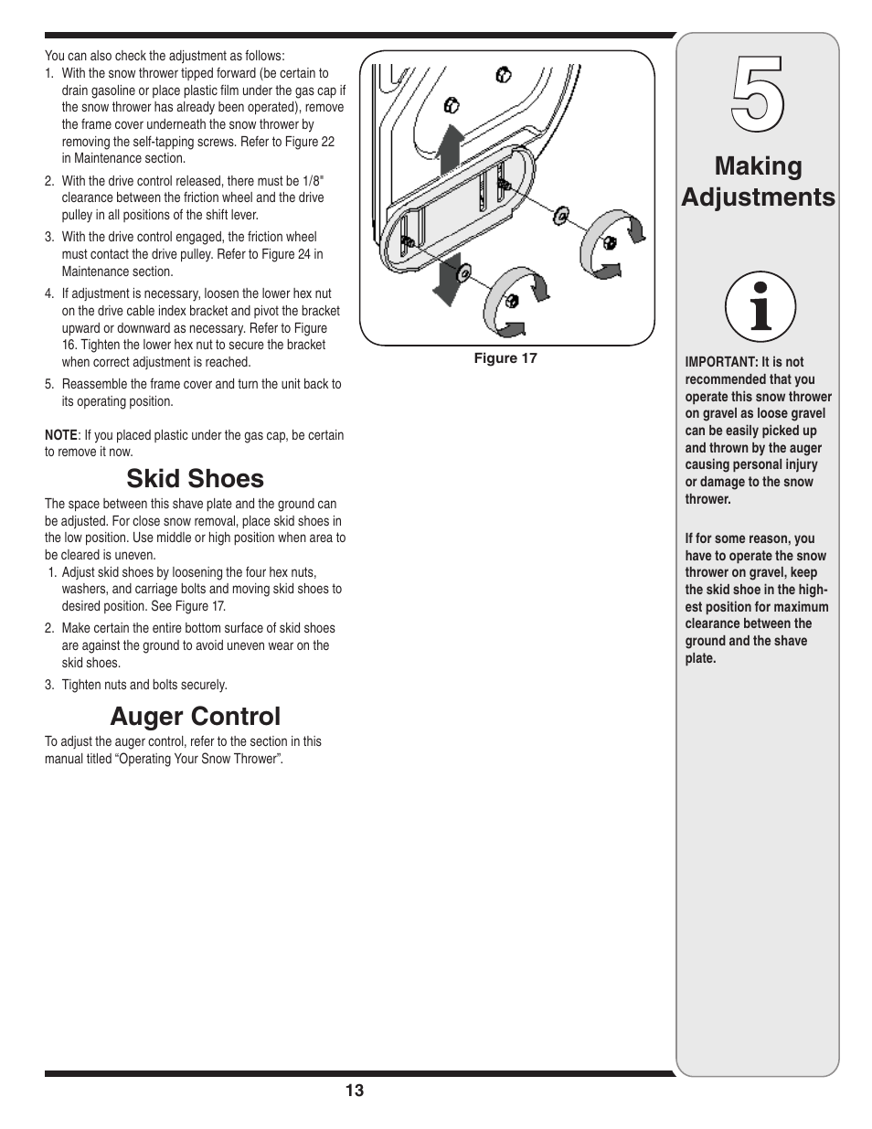 Skid shoes, Auger control, Making adjustments | Cub Cadet WE 26 User Manual | Page 13 / 28