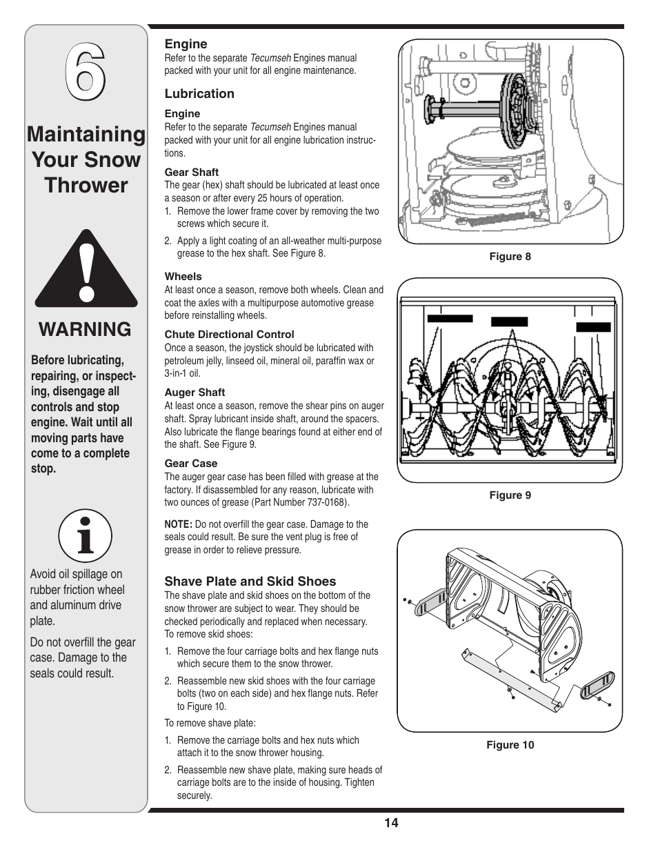 Maintaining your snow thrower, Warning | Cub Cadet WE 26 User Manual | Page 14 / 28