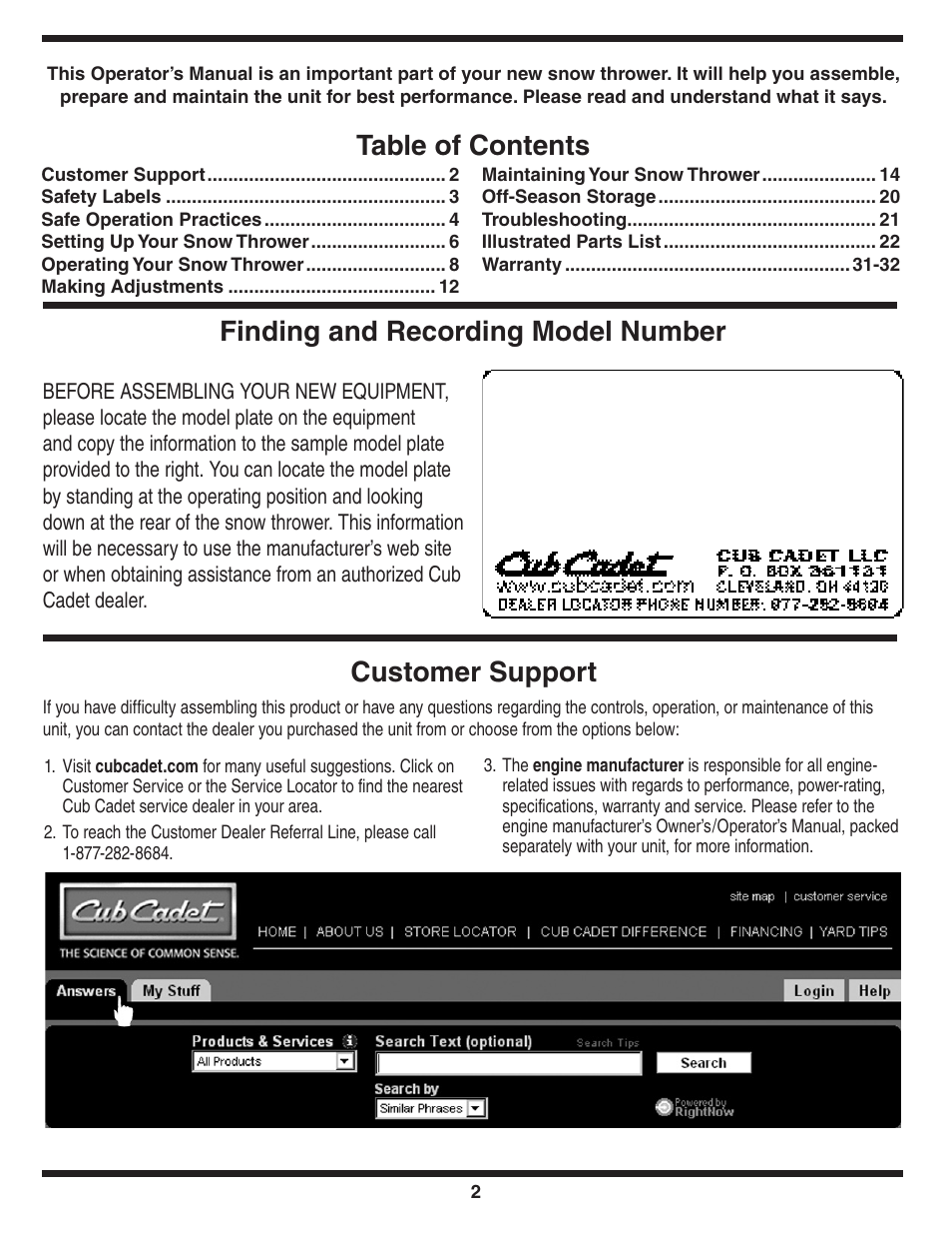 Customer support | Cub Cadet WE 26 User Manual | Page 2 / 28