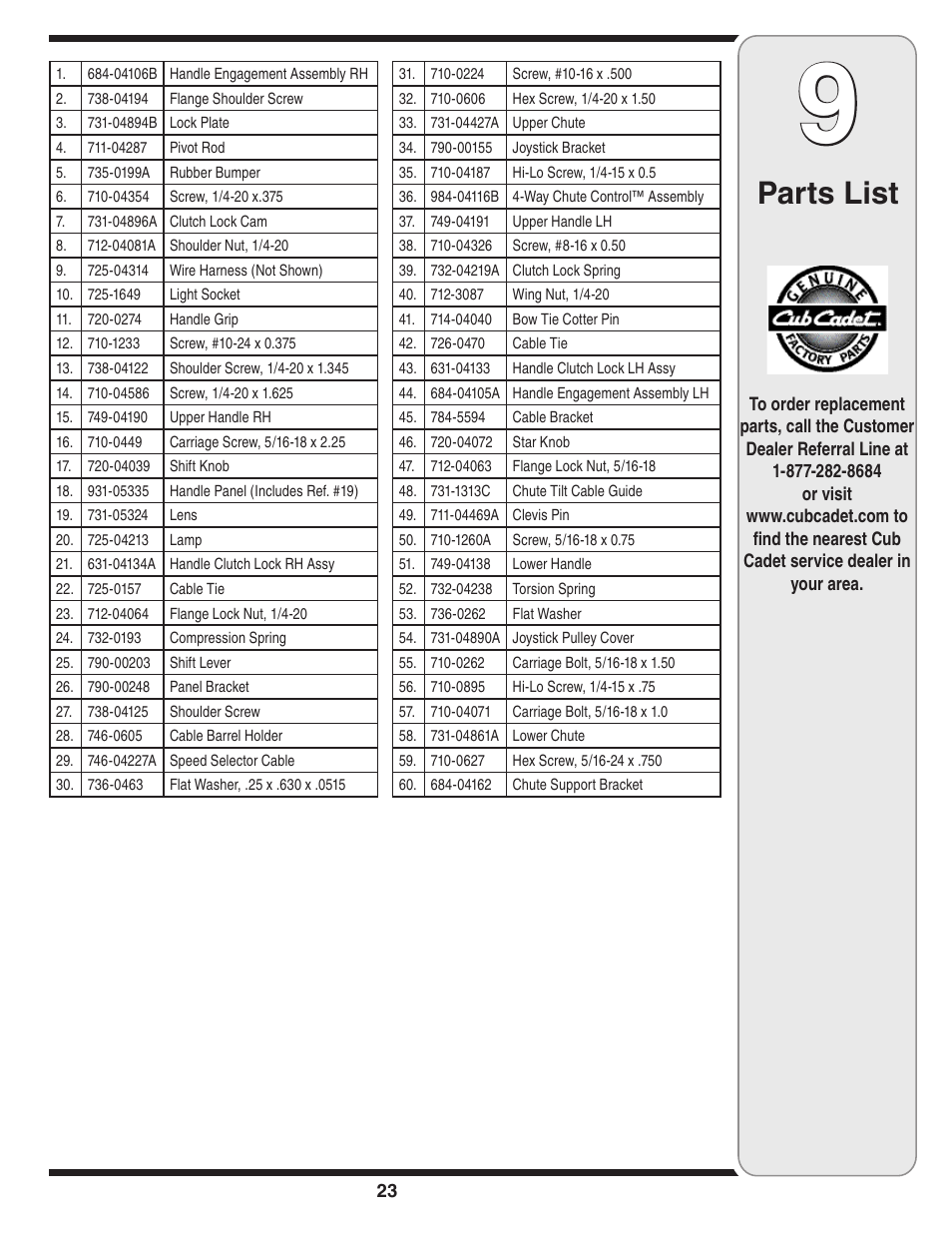 Parts list | Cub Cadet WE 26 User Manual | Page 23 / 28