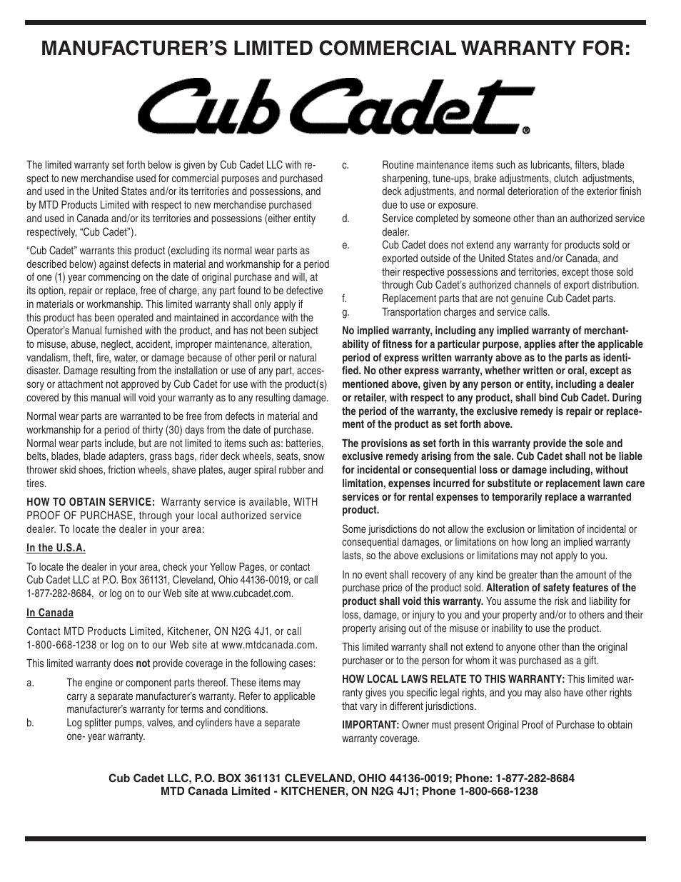 Manufacturer’s limited commercial warranty for | Cub Cadet WE 26 User Manual | Page 27 / 28
