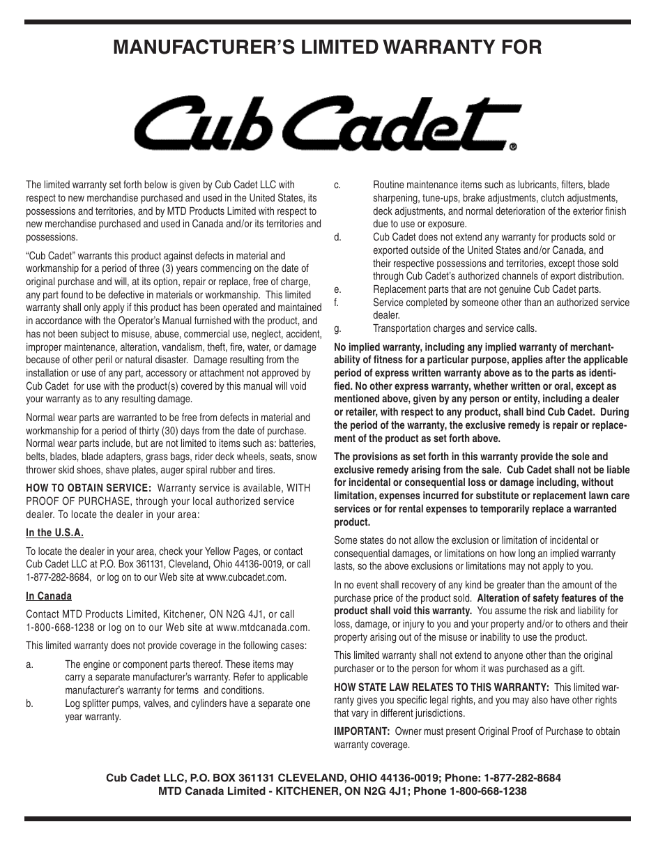 Manufacturer’s limited warranty for | Cub Cadet WE 26 User Manual | Page 28 / 28