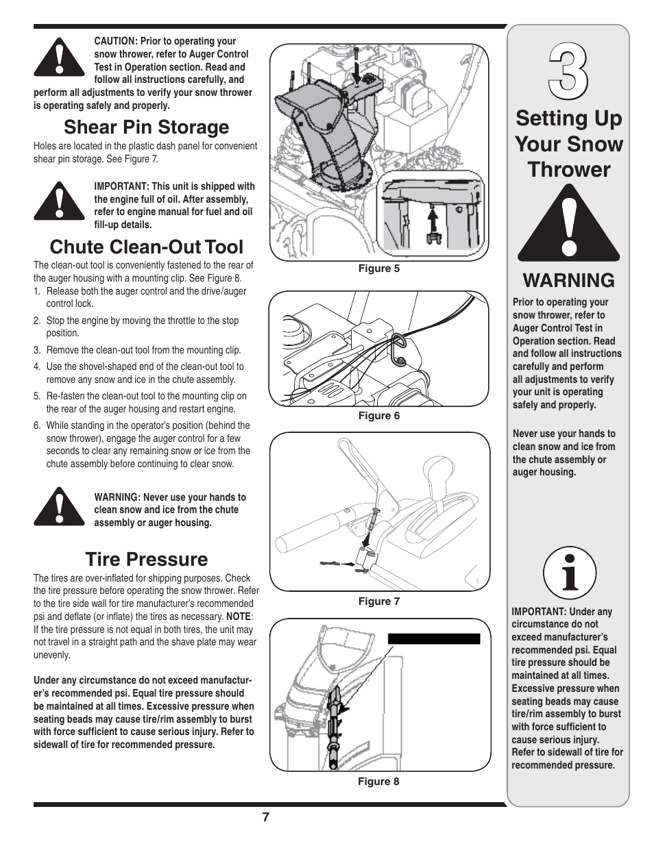 Setting up your snow thrower, Shear pin storage, Chute clean-out tool | Tire pressure, Warning | Cub Cadet WE 26 User Manual | Page 7 / 28