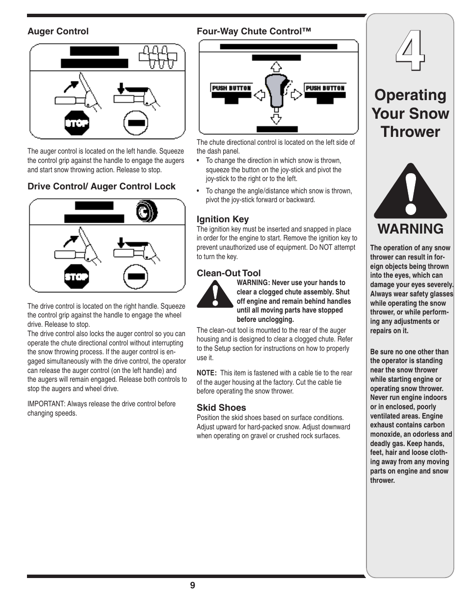 Operating your snow thrower, Warning | Cub Cadet WE 26 User Manual | Page 9 / 28