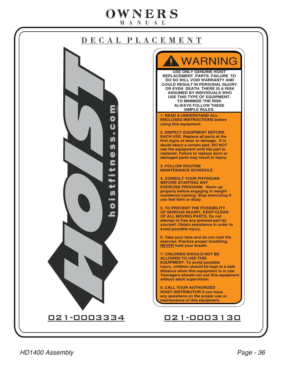 Warning | Hoist Fitness HD-1400 User Manual | Page 37 / 41