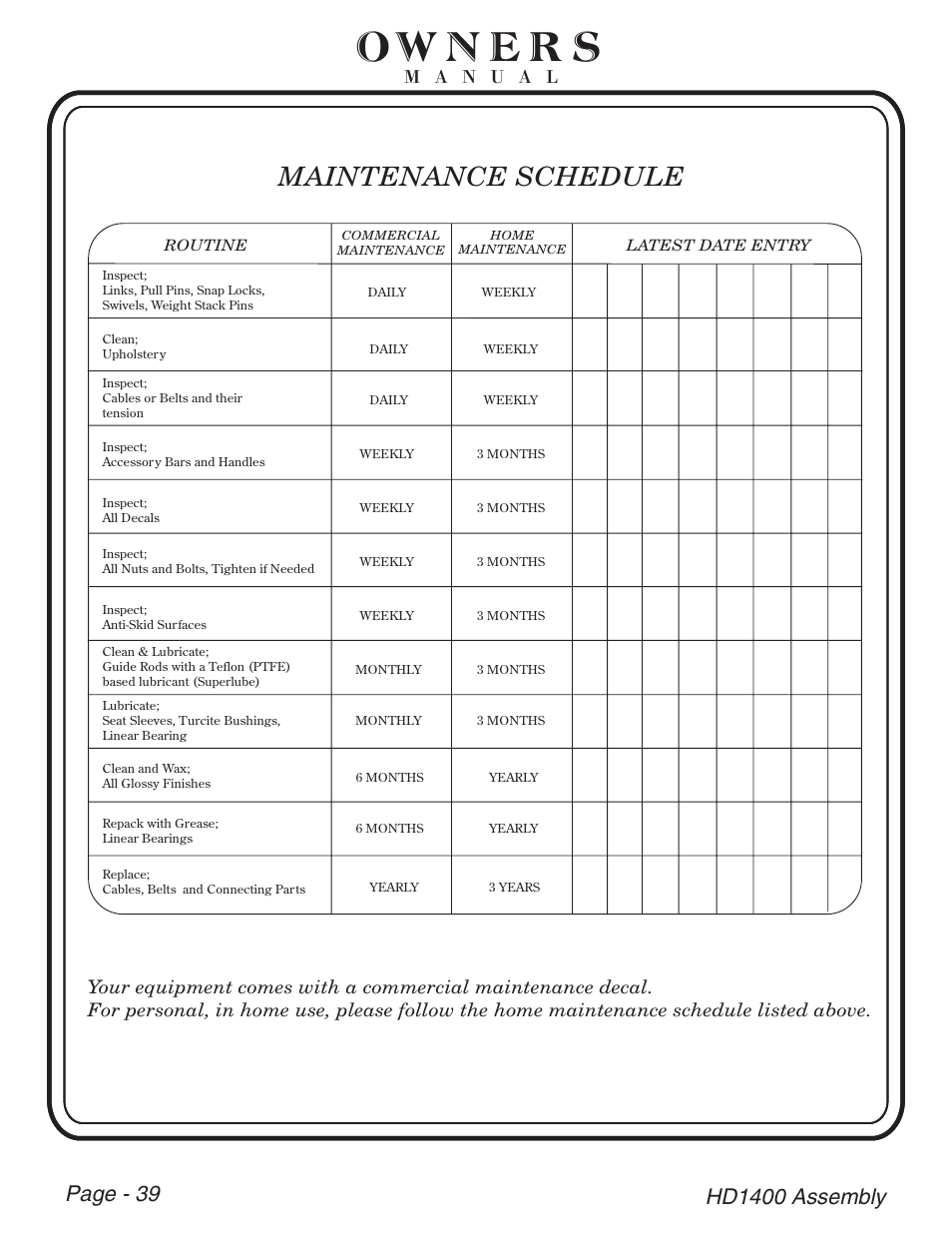 Maintenance schedule | Hoist Fitness HD-1400 User Manual | Page 40 / 41