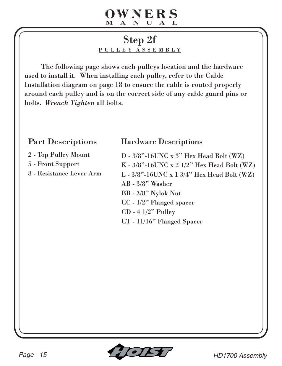 Step 2f | Hoist Fitness HD-1700 User Manual | Page 16 / 46