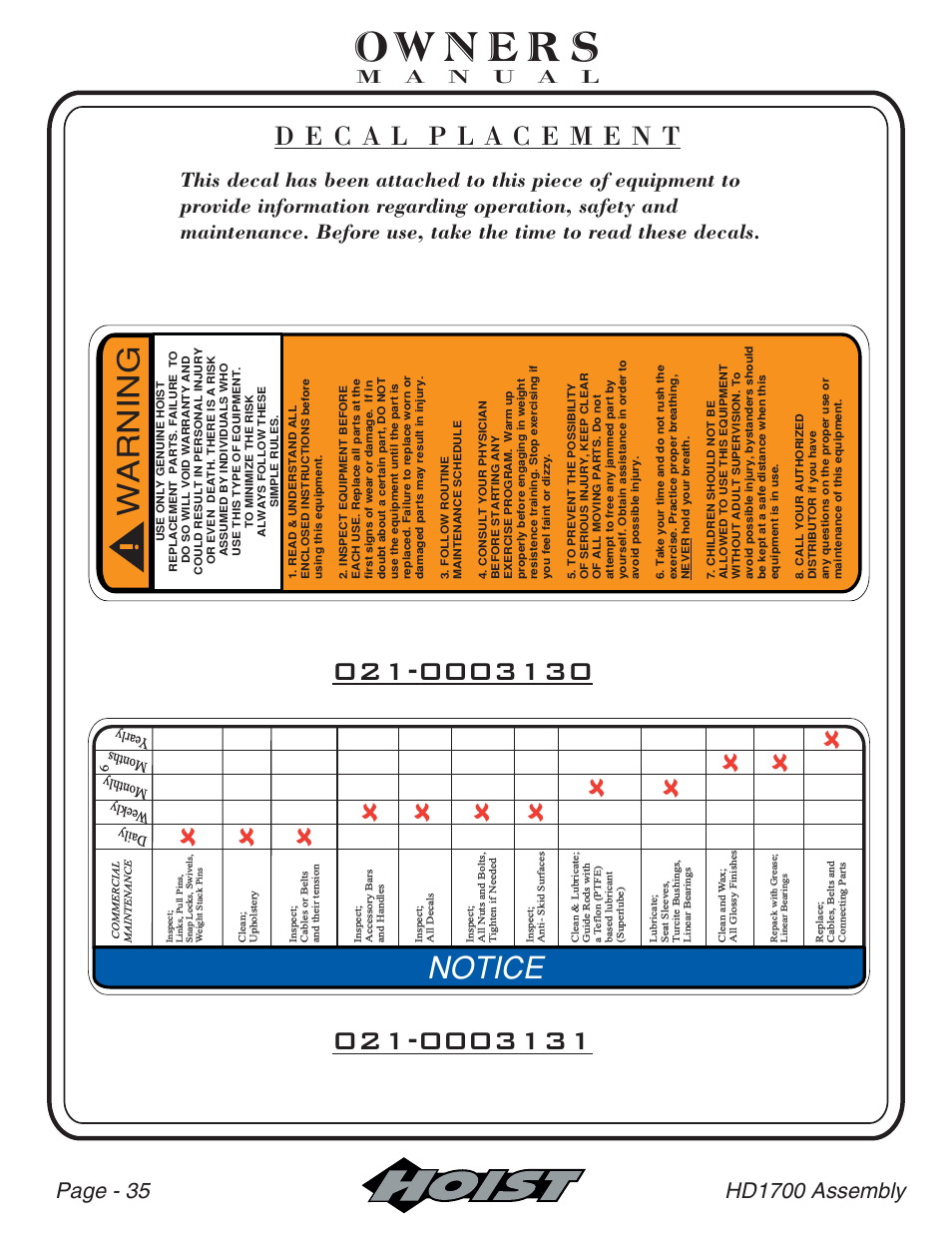 Warning, Notice | Hoist Fitness HD-1700 User Manual | Page 36 / 46