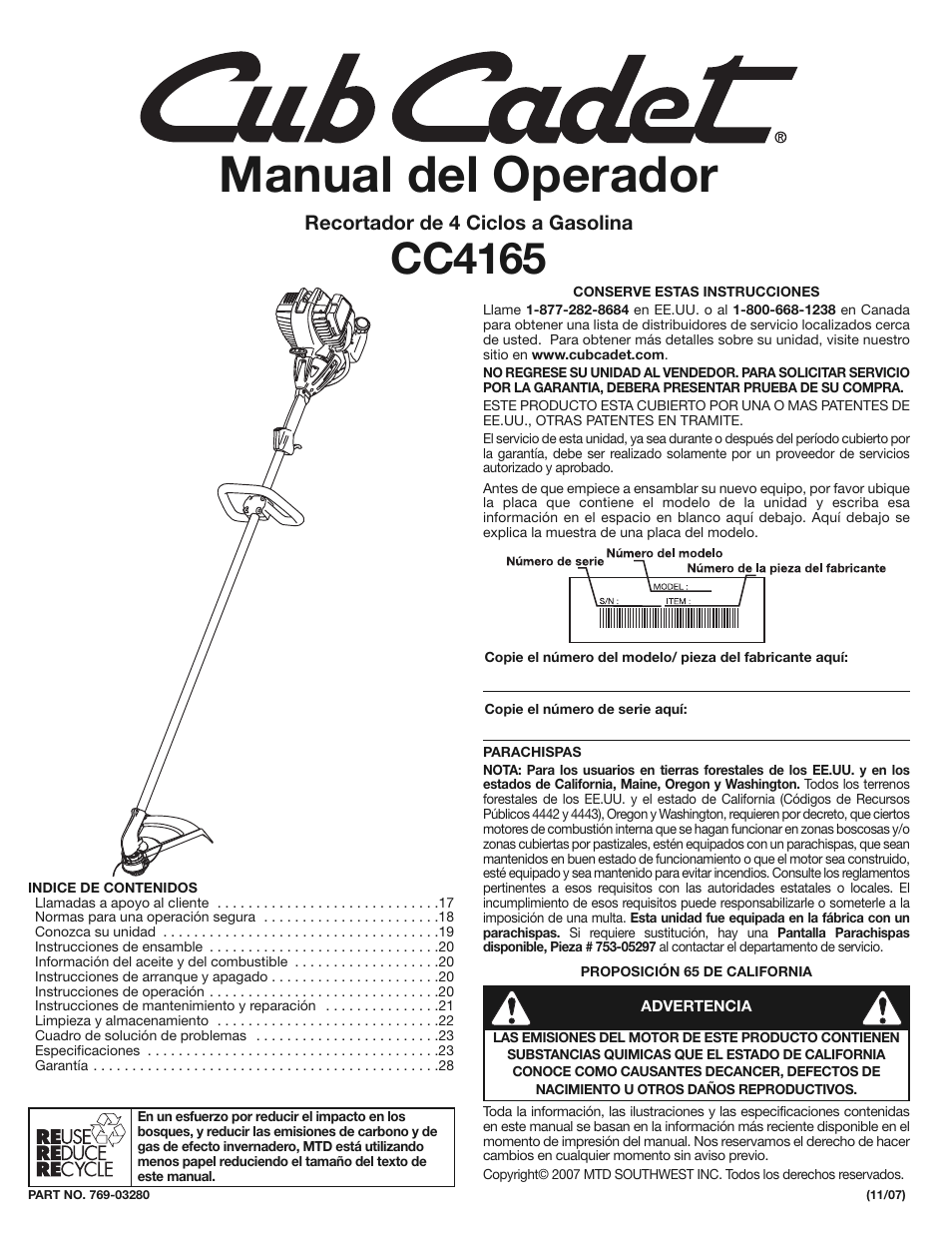 Manual del operador, Cc4165 | Cub Cadet CC4165 User Manual | Page 17 / 28