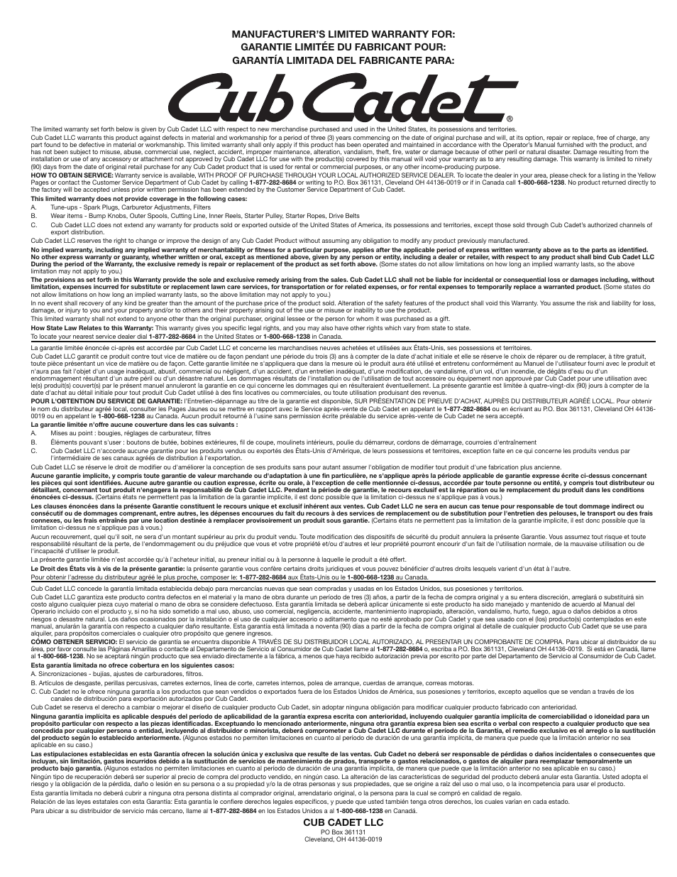 Cub cadet llc | Cub Cadet CC4165 User Manual | Page 28 / 28