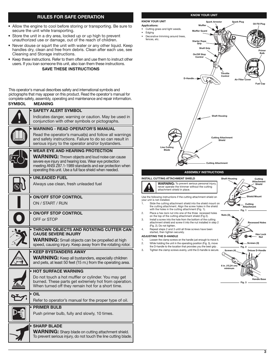 Warning, Rules for safe operation, Sharp blade | Cub Cadet CC4165 User Manual | Page 3 / 28