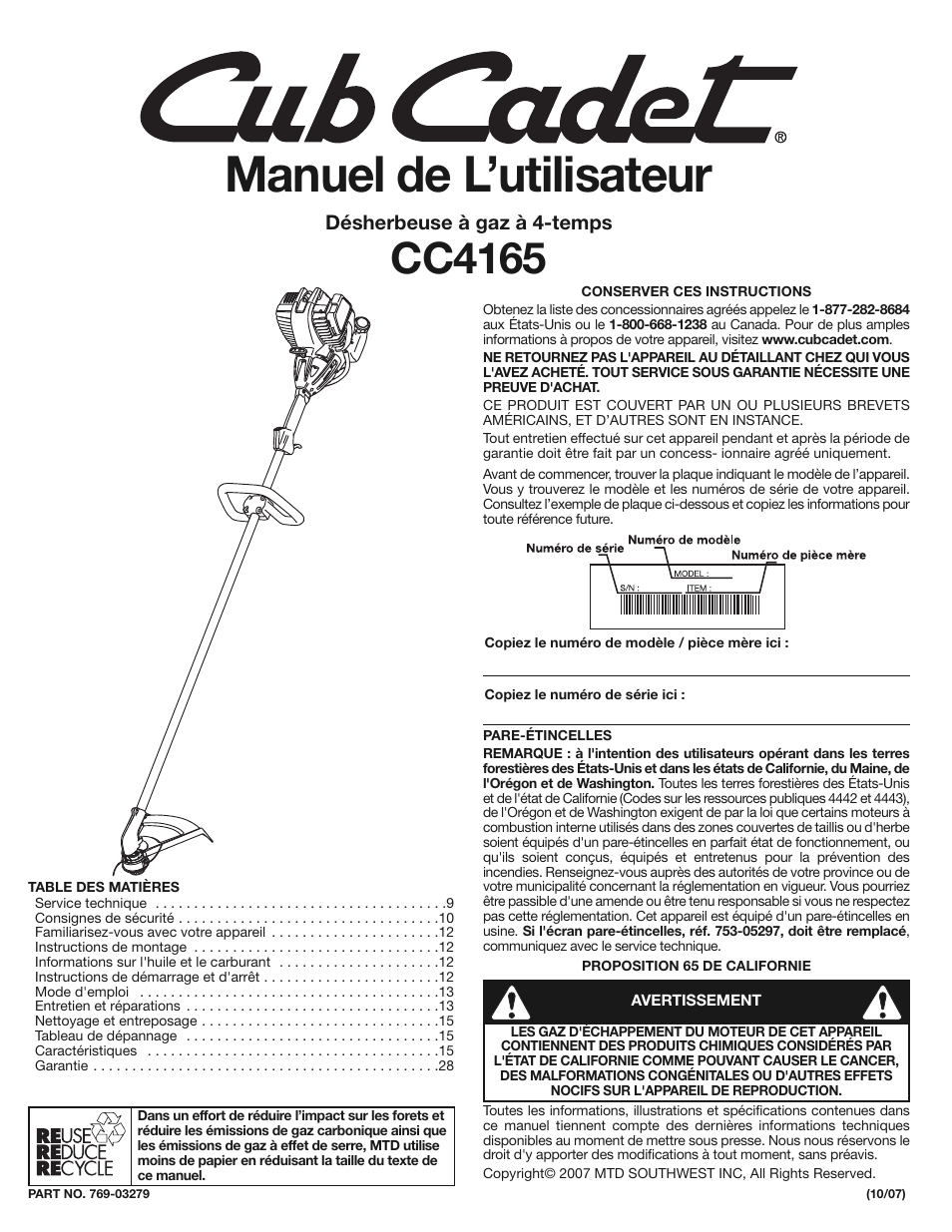 Manuel de l’utilisateur, Cc4165 | Cub Cadet CC4165 User Manual | Page 9 / 28