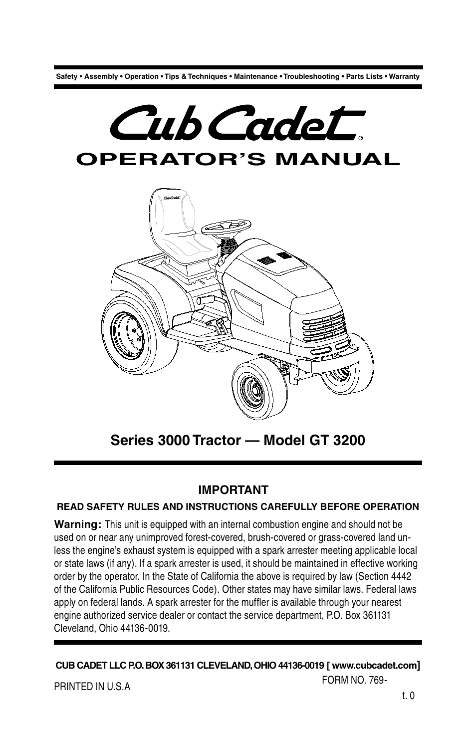 Cub Cadet SERIES 3000 TRACTOR GT 3200 User Manual | 44 pages