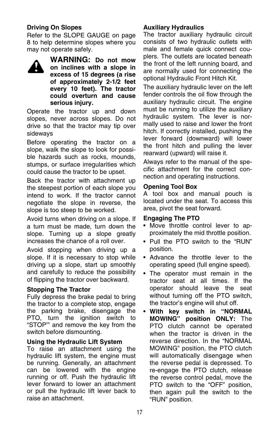 Warning | Cub Cadet SERIES 3000 TRACTOR GT 3200 User Manual | Page 17 / 44