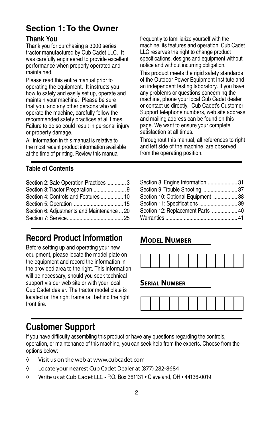 Customer support, Record product information | Cub Cadet SERIES 3000 TRACTOR GT 3200 User Manual | Page 2 / 44