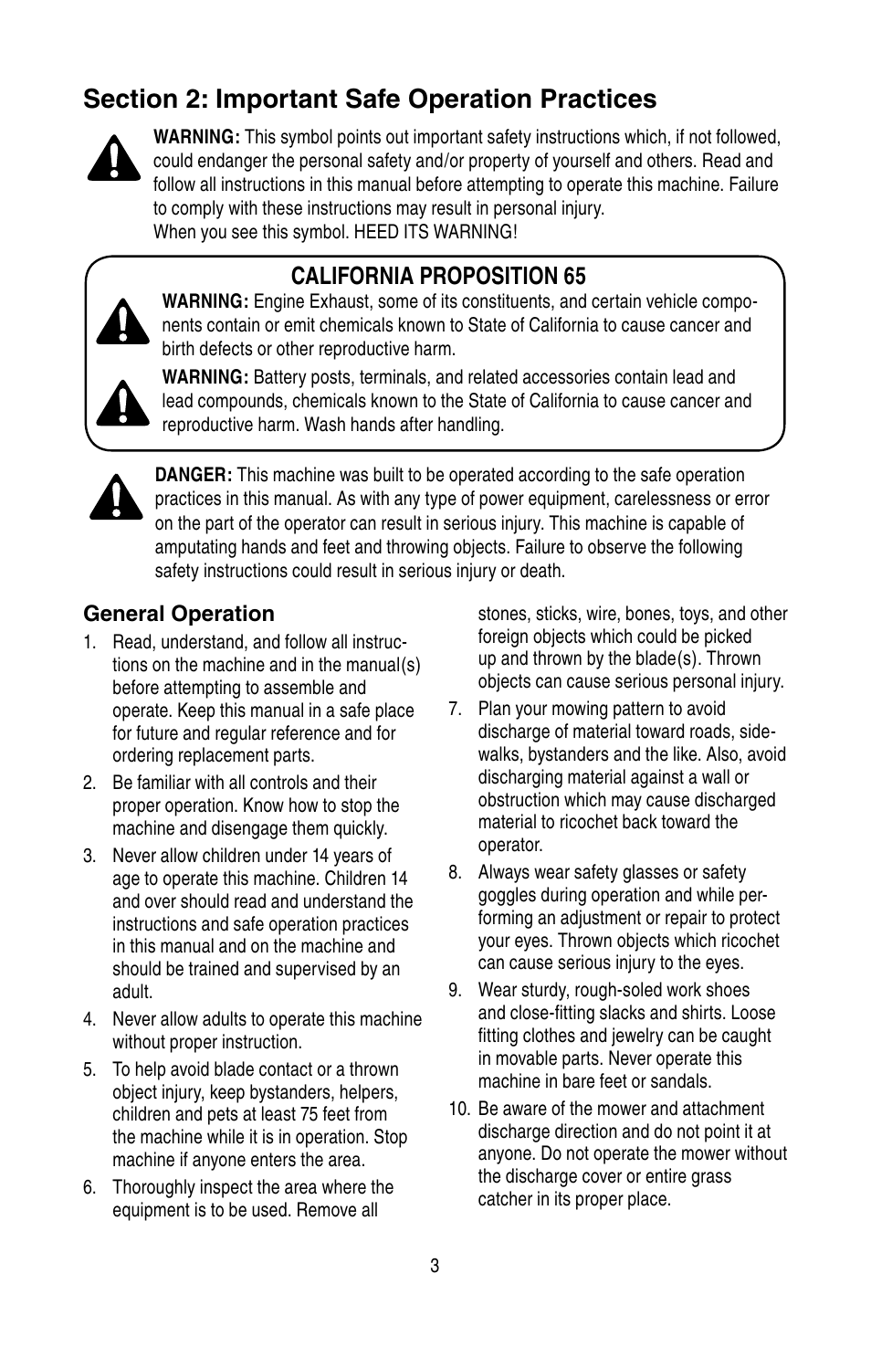 California proposition 65 | Cub Cadet SERIES 3000 TRACTOR GT 3200 User Manual | Page 3 / 44