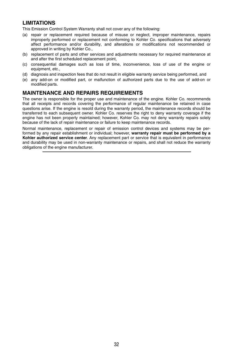 32 limitations, Maintenance and repairs requirements | Cub Cadet SERIES 3000 TRACTOR GT 3200 User Manual | Page 32 / 44