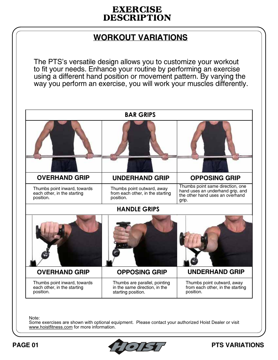Exercise description, Workout variations | Hoist Fitness PTS Series User Manual | Page 2 / 57