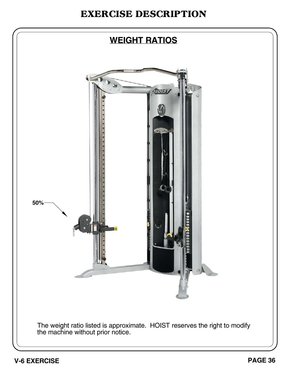 Exercise description, Weight ratios | Hoist Fitness V-6 EXERCISE User Manual | Page 37 / 37