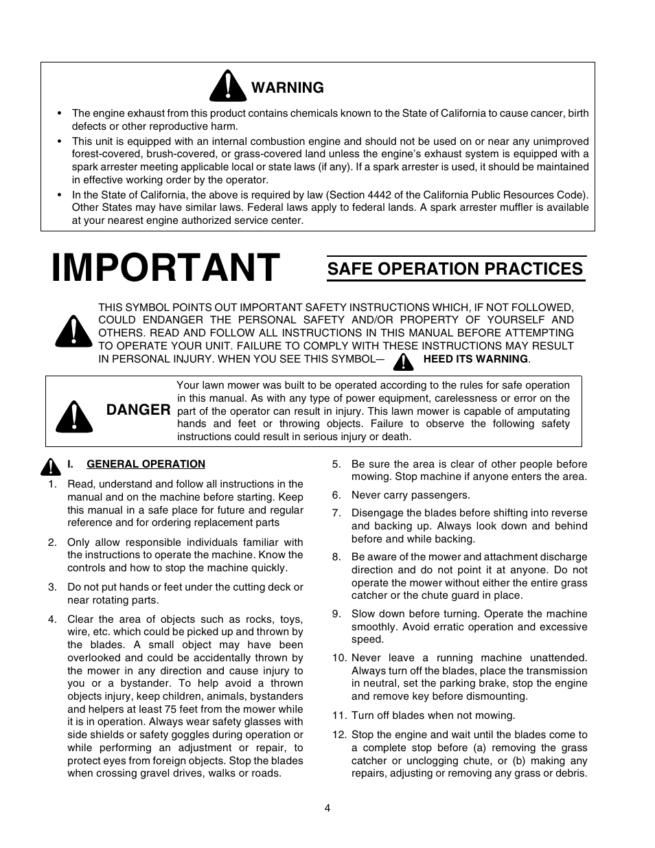Important, Safe operation practices, Warning | Danger | Cub Cadet 2206 User Manual | Page 4 / 60