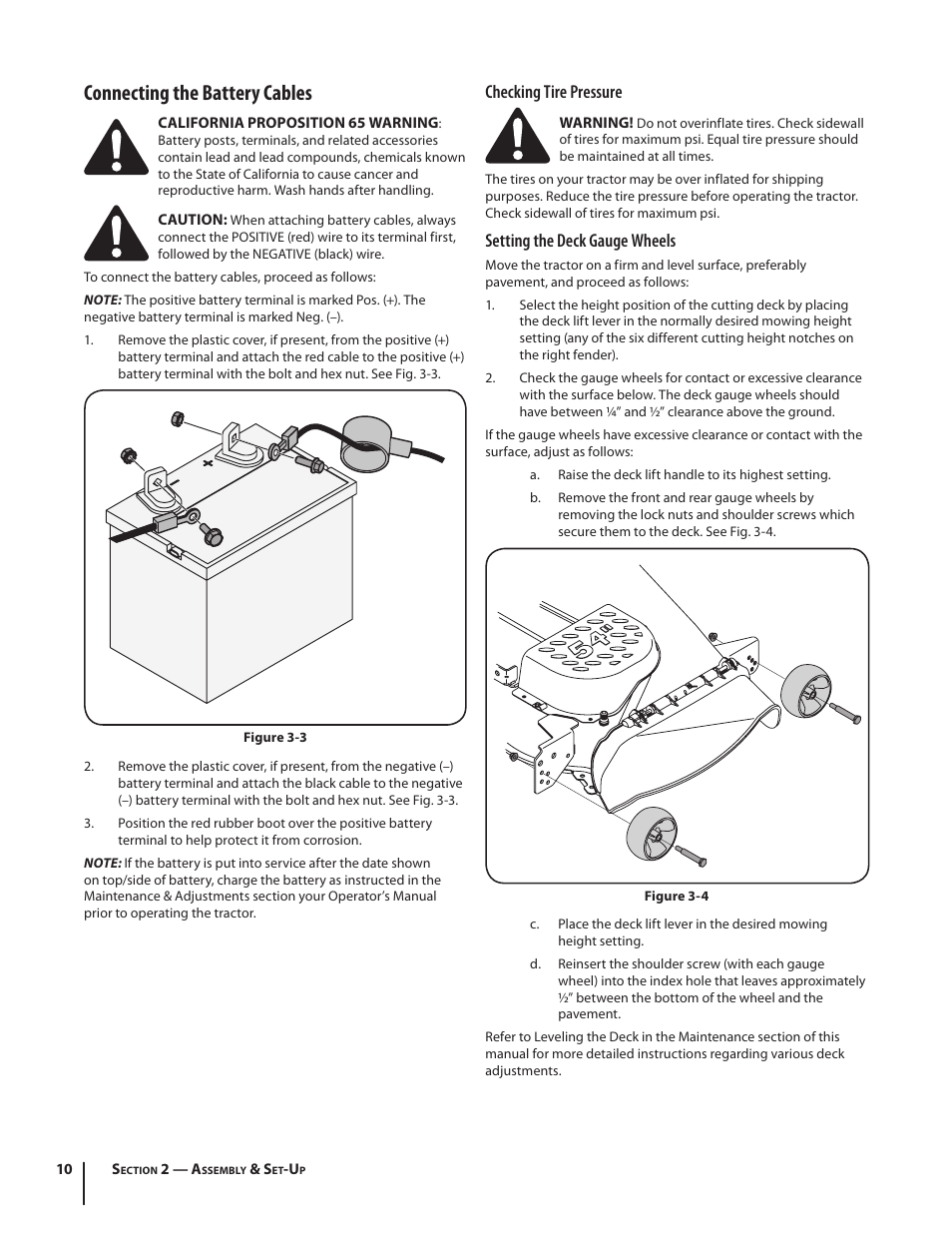 Connecting the battery cables, Checking tire pressure, Setting the deck gauge wheels | Cub Cadet SLTX1054 User Manual | Page 10 / 72