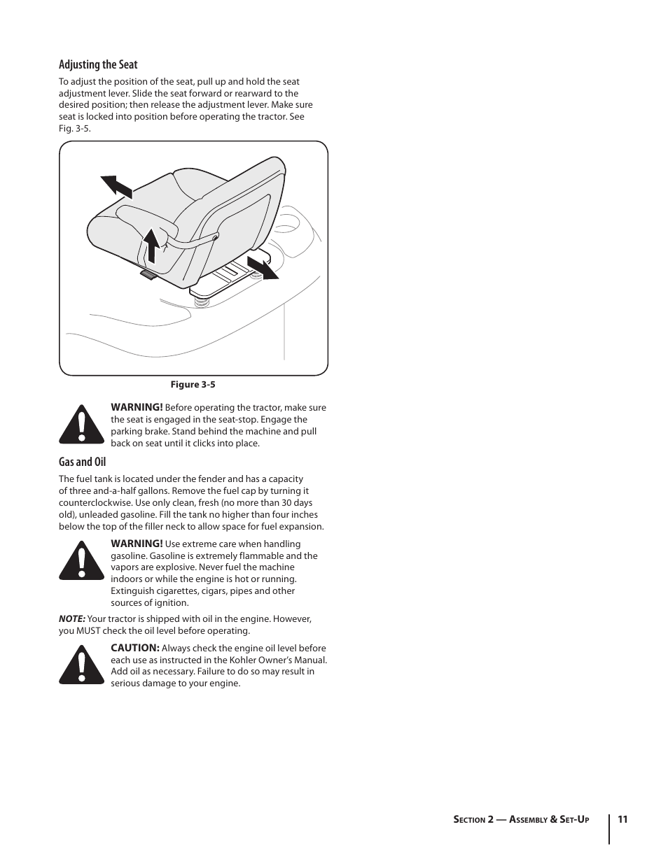 Adjusting the seat, Gas and oil | Cub Cadet SLTX1054 User Manual | Page 11 / 72