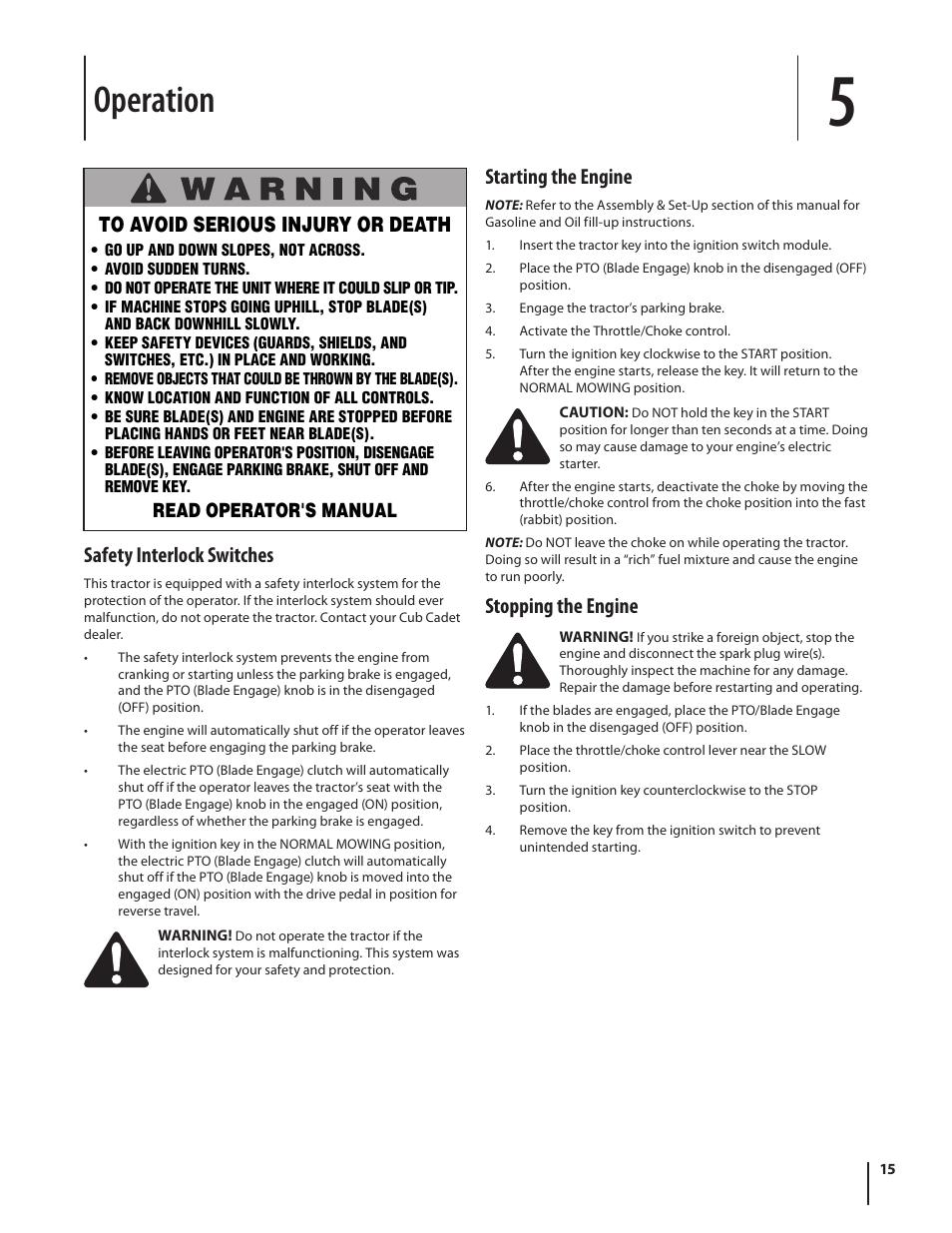 Operation, Safety interlock switches, Starting the engine | Stopping the engine, Read operator's manual | Cub Cadet SLTX1054 User Manual | Page 15 / 72