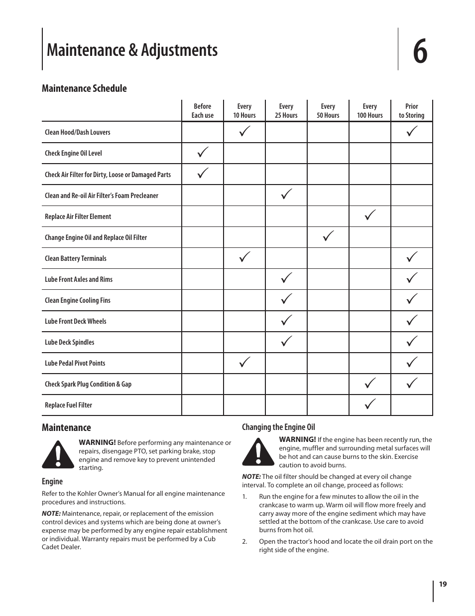 Maintenance & adjustments | Cub Cadet SLTX1054 User Manual | Page 19 / 72