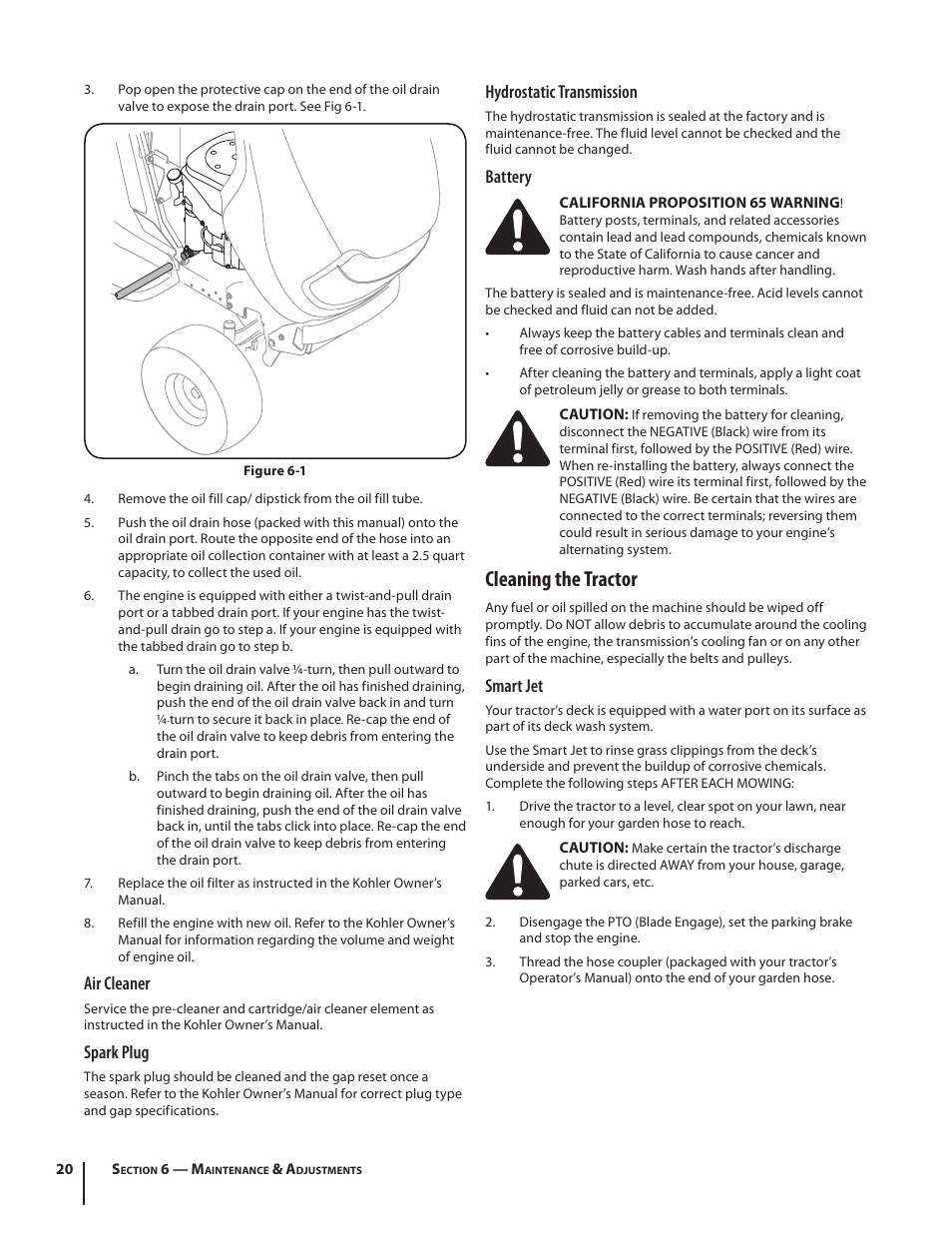 Cleaning the tractor, Air cleaner, Spark plug | Hydrostatic transmission, Battery, Smart jet | Cub Cadet SLTX1054 User Manual | Page 20 / 72