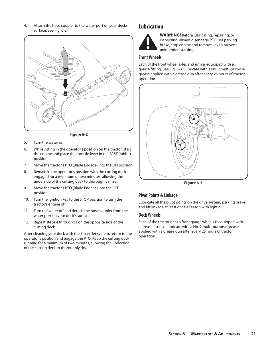 Lubrication, Front wheels, Pivot points & linkage | Deck wheels | Cub Cadet SLTX1054 User Manual | Page 21 / 72